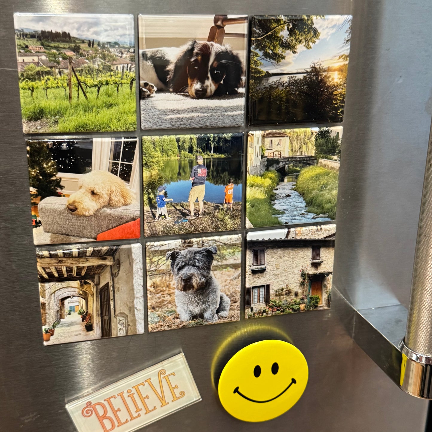 Photo magnets displayed in a real customer’s home on a family fridge – Magnetic Momma customer photo example
