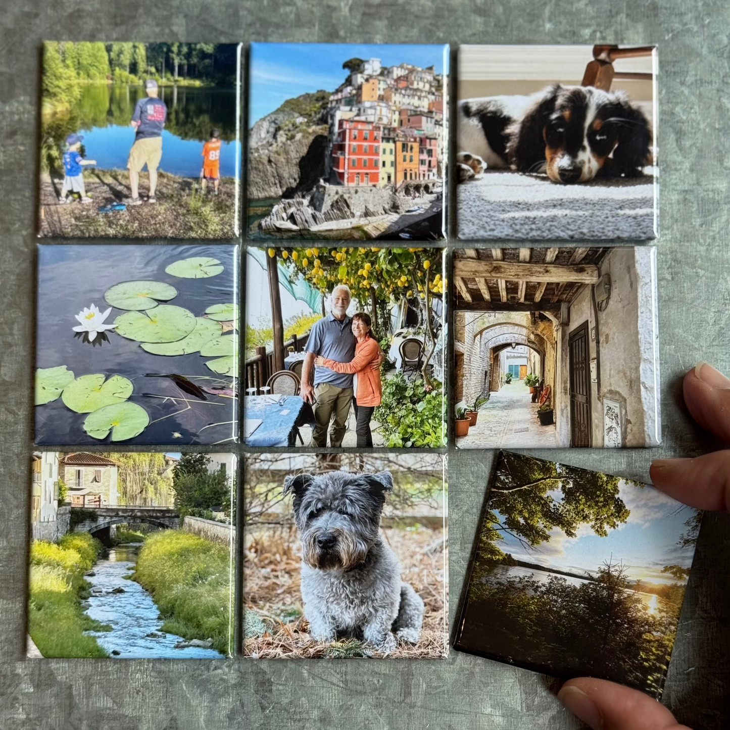 Set of 9 custom 2x2 photo magnets displayed flat on a neutral background – handmade by Magnetic Momma